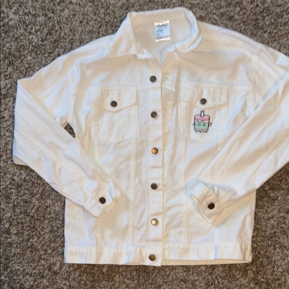 Pusheen small white womens jean jacket boba emoji cat